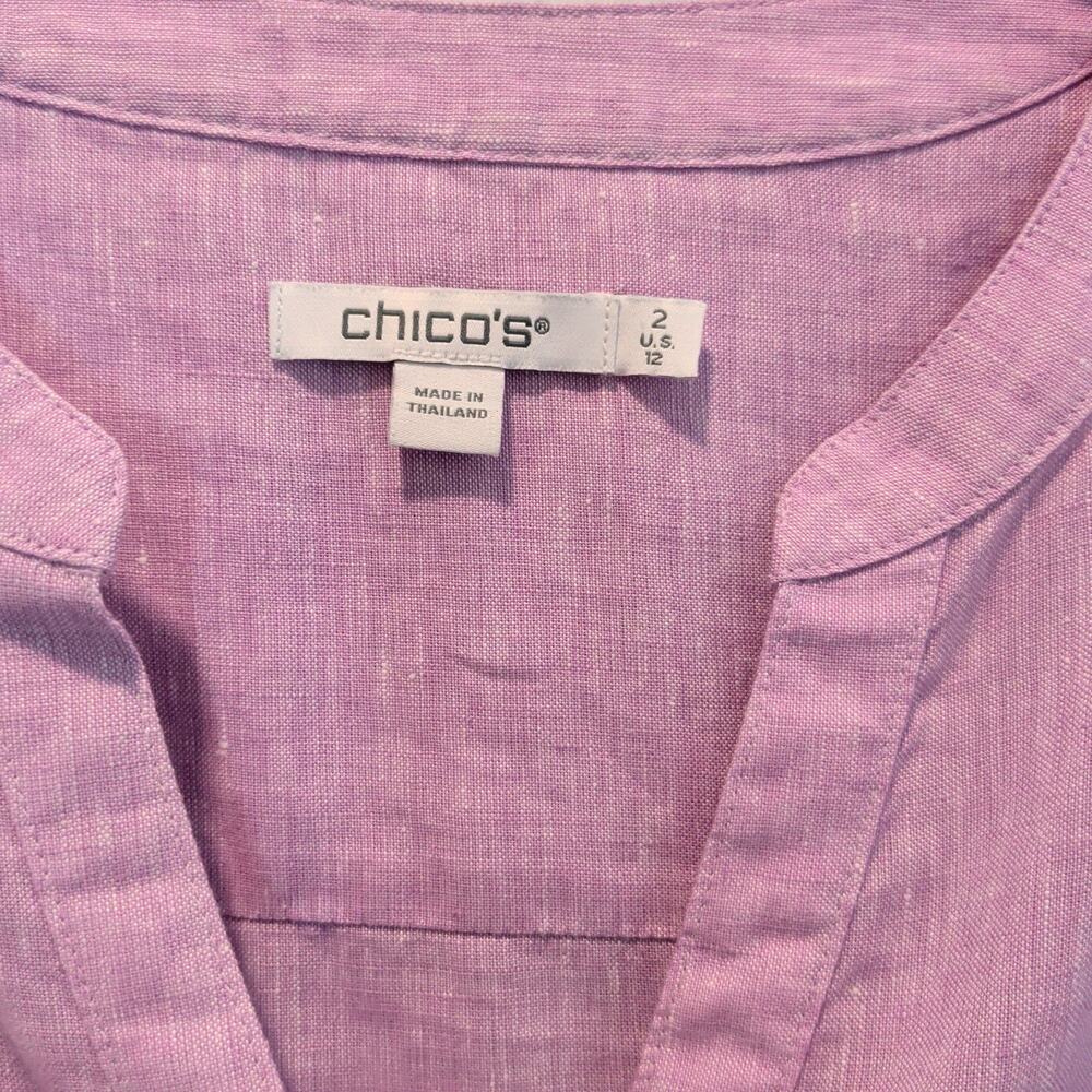 Chicos Sz 2 (US 12) Purple 100% Linen Popover Tunic V Neckline Lagenlook - Picture 2 of 6